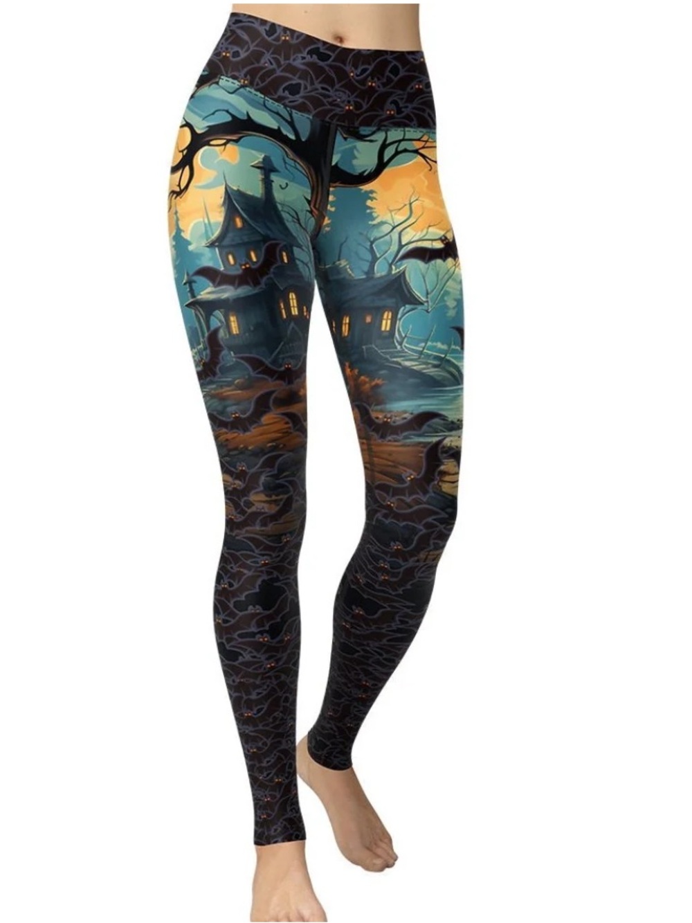 FiercePulse Halloween Haunted House Bat Yoga Leggings Size S Spooky Goth